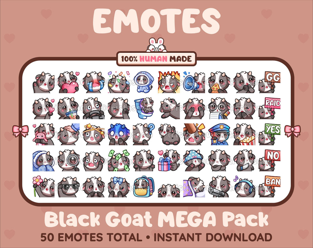 Black Goat Twitch emote mega pack featuring 50 emotes including hype, kiss, raid, and lurk.