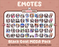 Black Goat Twitch emote mega pack featuring 50 emotes including hype, kiss, raid, and lurk.