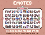 Black Goat Twitch emote mega pack featuring 50 emotes including hype, kiss, raid, and lurk.