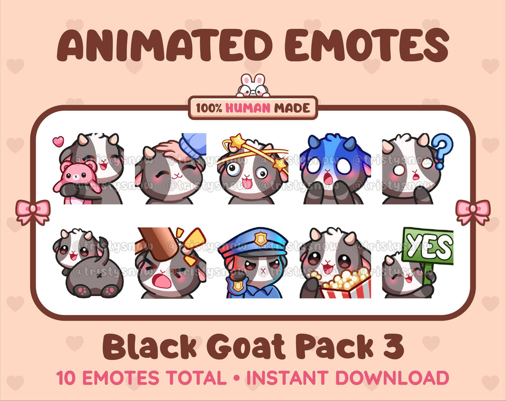 Black Goat animated Twitch emote pack featuring 10 emotes including hug, scared, bonk, and popcorn.
