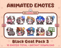 Black Goat animated Twitch emote pack featuring 10 emotes including hug, scared, bonk, and popcorn.