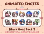 Black Goat animated Twitch emote pack featuring 10 emotes including hug, scared, bonk, and popcorn.