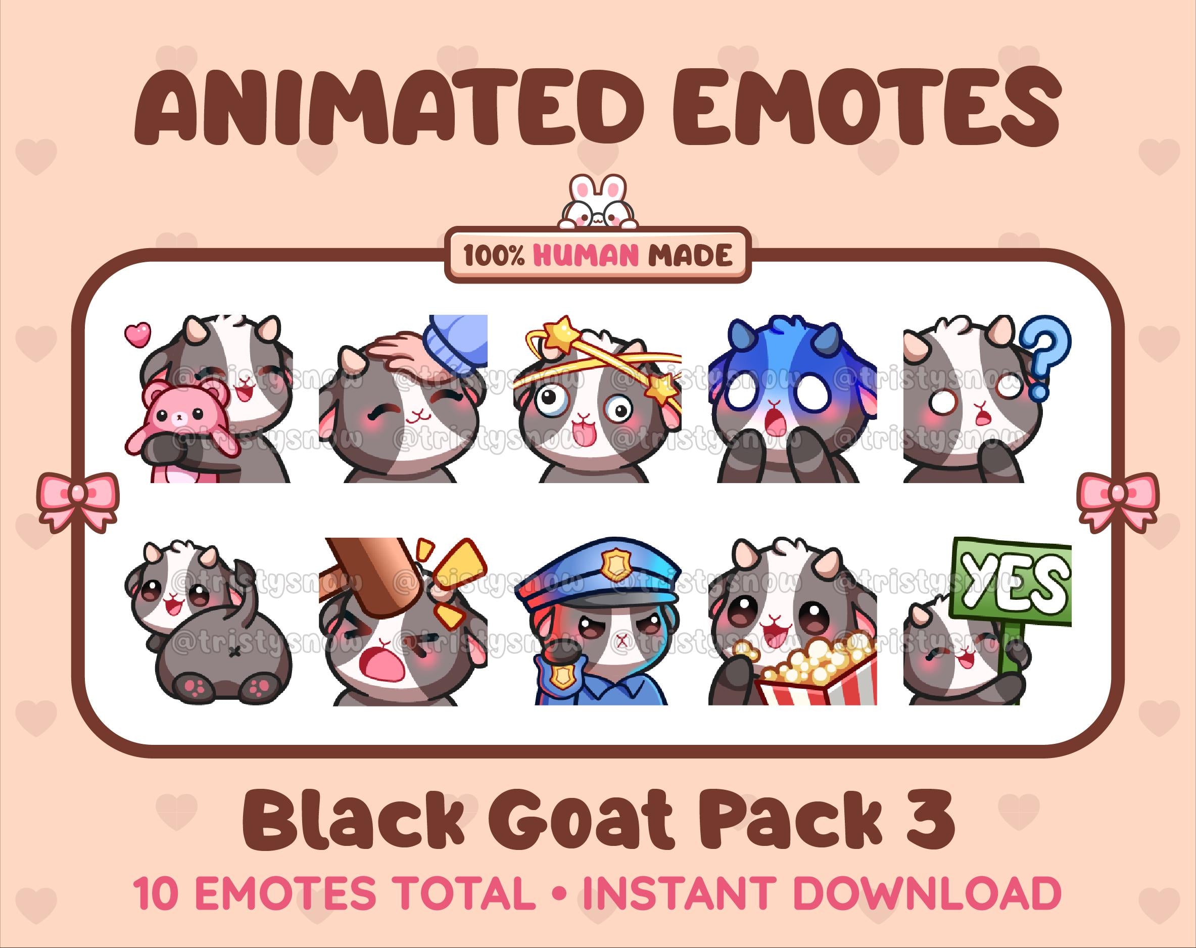 Black Goat animated Twitch emote pack featuring 10 emotes including hug, scared, bonk, and popcorn.