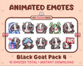 Black Goat animated Twitch emote pack featuring 10 emotes including cozy, sus, panic, and shrug.