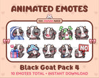 Black Goat animated Twitch emote pack featuring 10 emotes including cozy, sus, panic, and shrug.