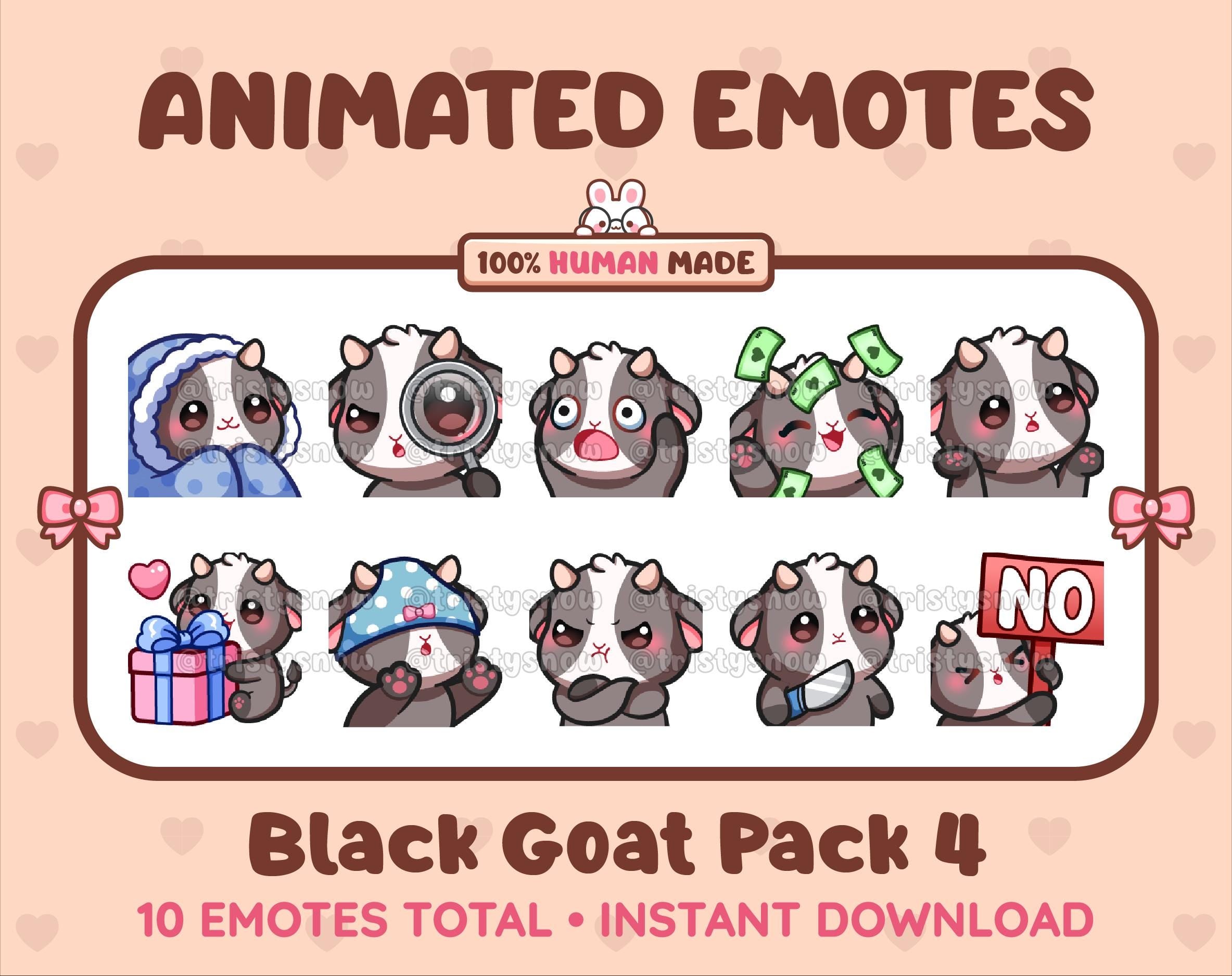 Black Goat animated Twitch emote pack featuring 10 emotes including cozy, sus, panic, and shrug.