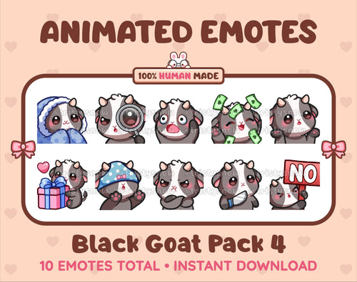 Black Goat animated Twitch emote pack featuring 10 emotes including cozy, sus, panic, and shrug.