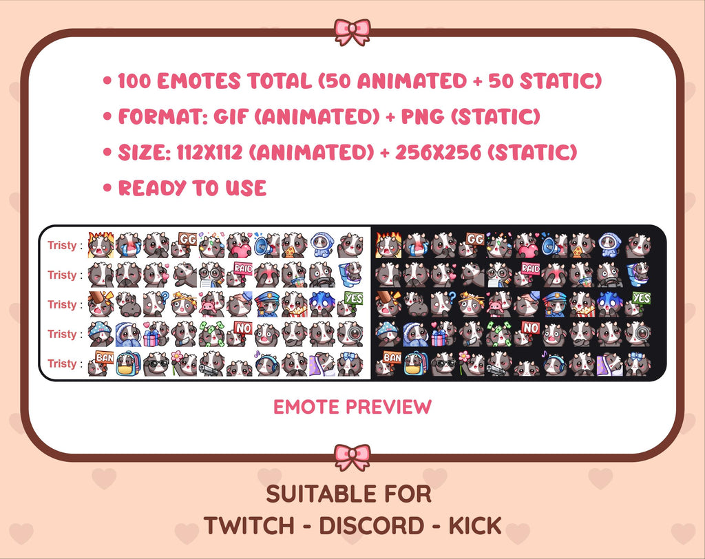 Black Goat animated Twitch emote mega pack preview displaying all 50 emotes with format and size information.