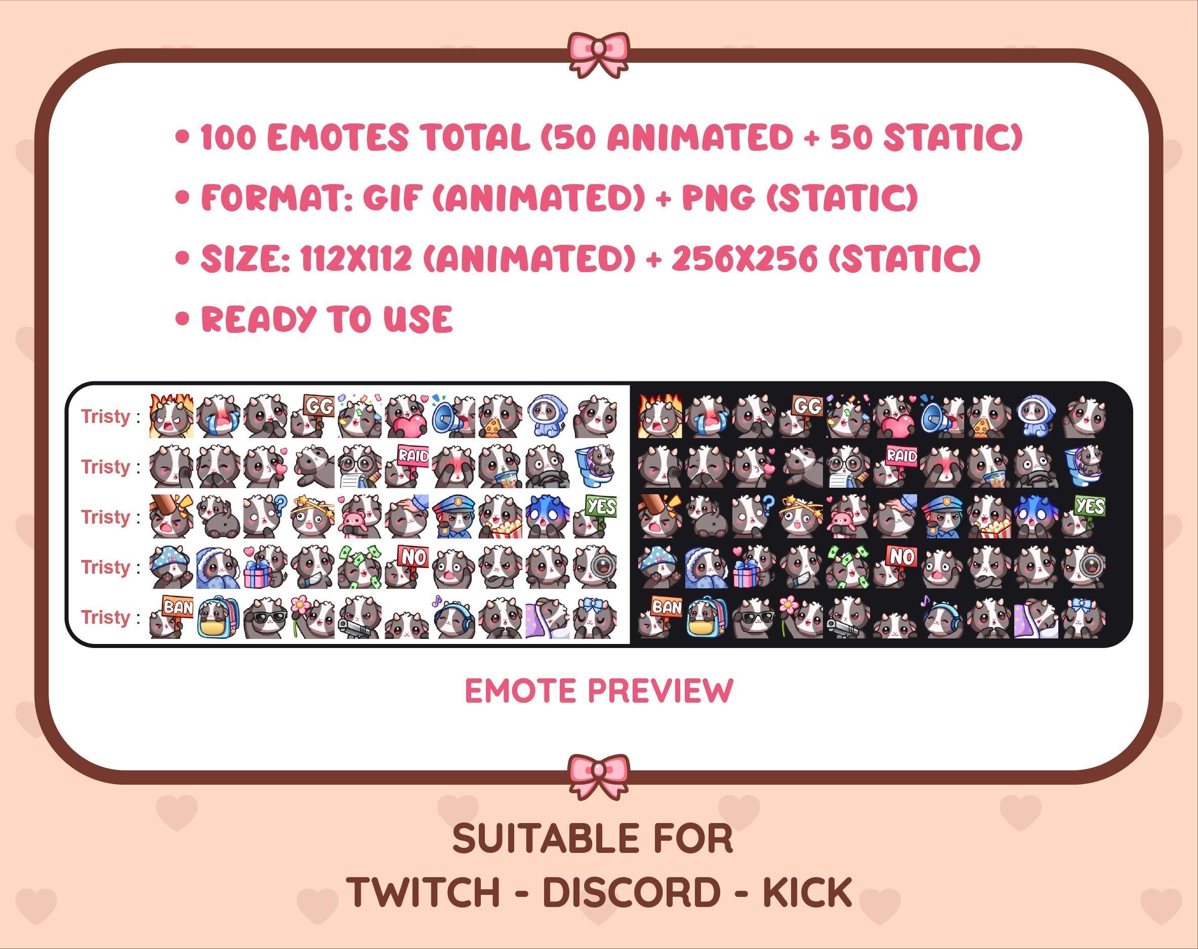 Black Goat animated Twitch emote mega pack preview displaying all 50 emotes with format and size information.