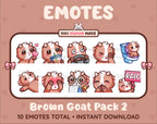Brown Goat Twitch emote pack featuring 10 emotes including kiss, facepalm, shy, and raid.