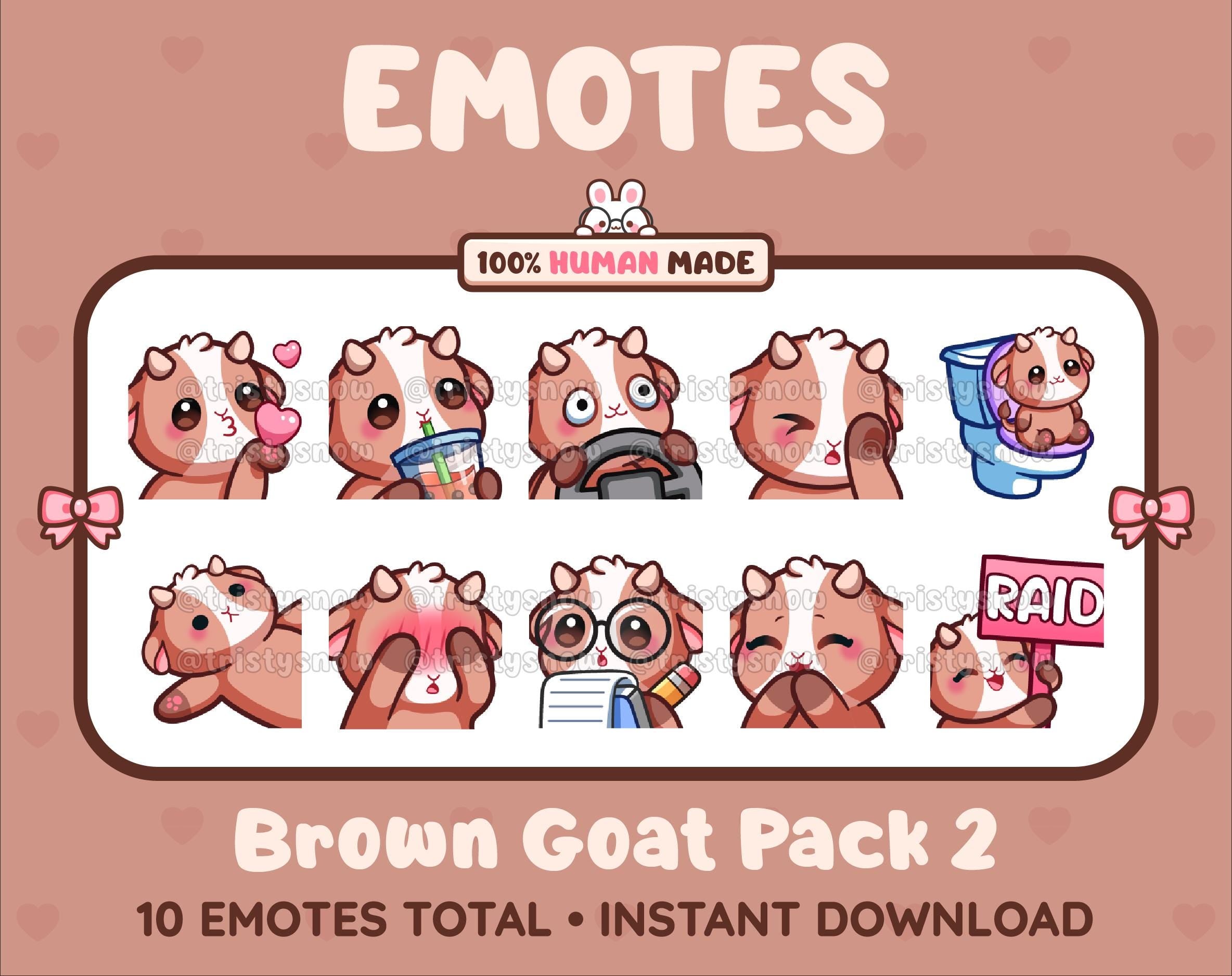Brown Goat Twitch emote pack featuring 10 emotes including kiss, facepalm, shy, and raid.