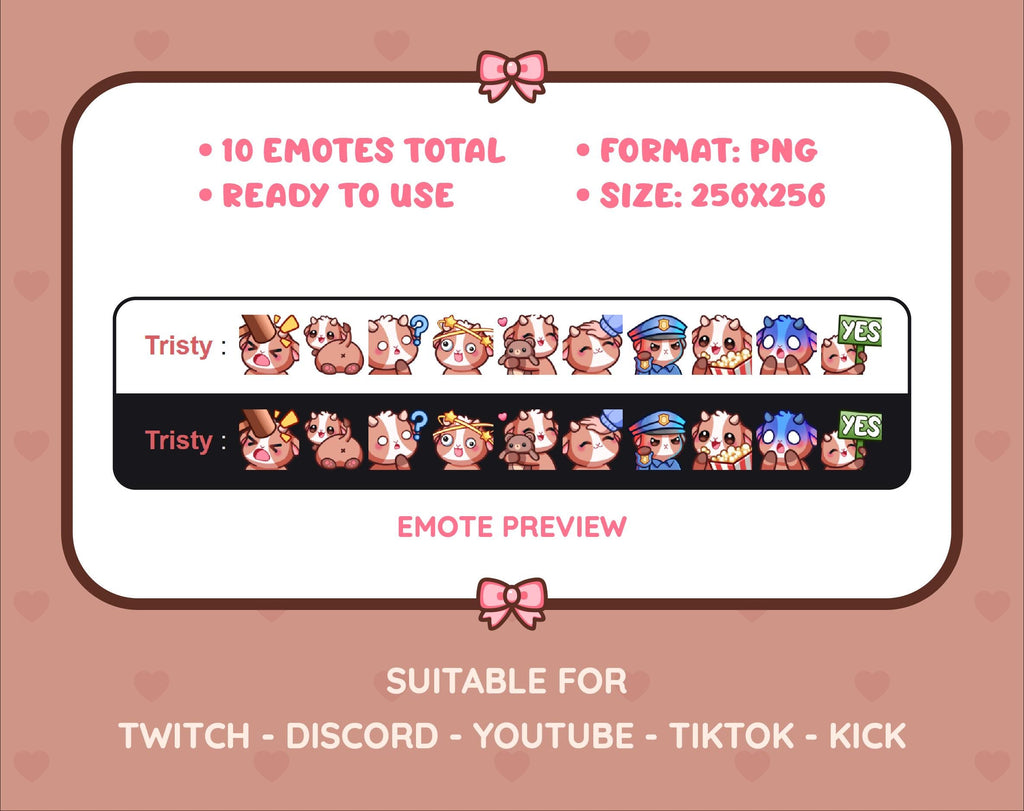 Brown Goat Twitch emote pack preview displaying all 10 emotes with format and size information.