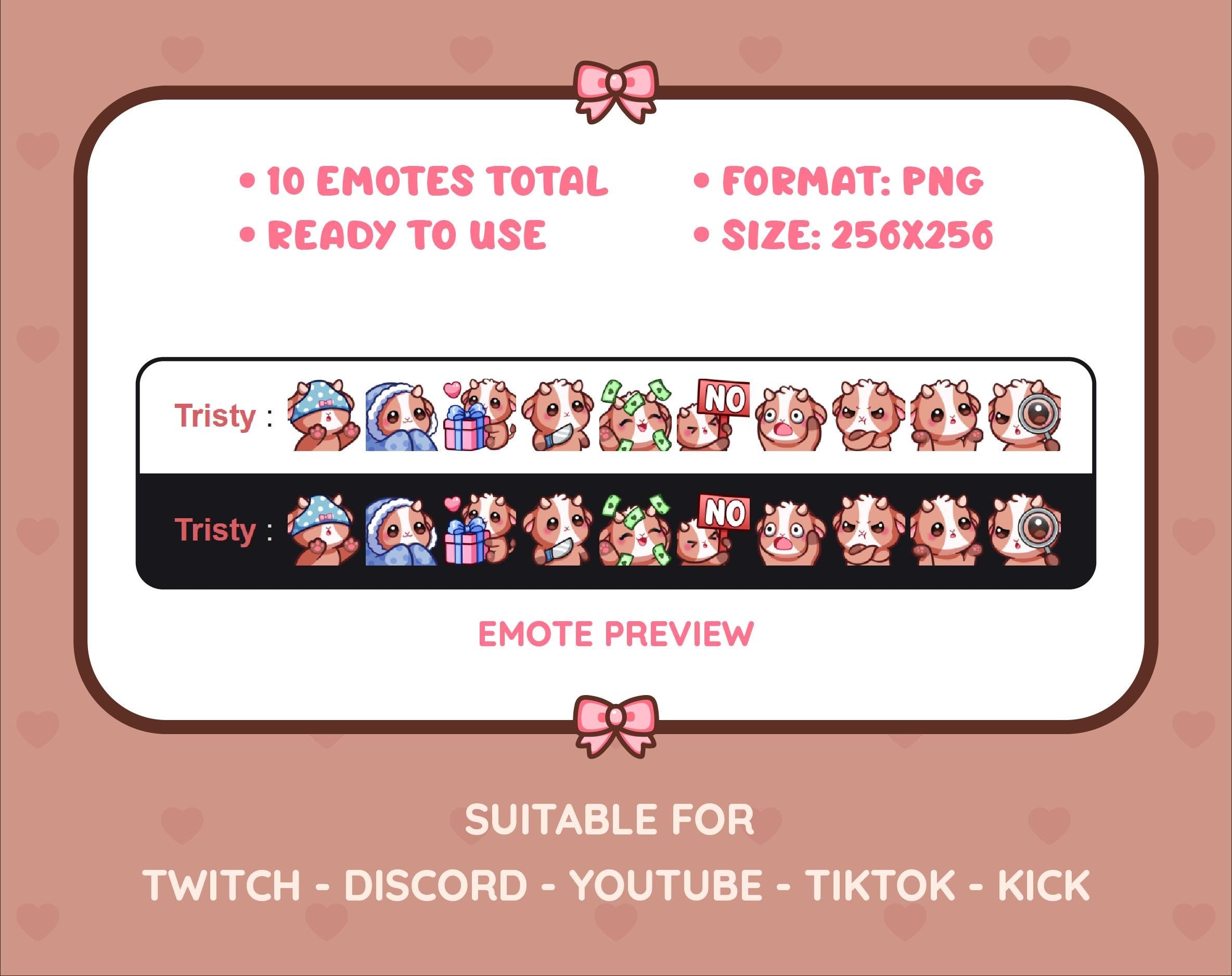 Brown Goat Twitch emote pack preview displaying all 10 emotes with format and size information.