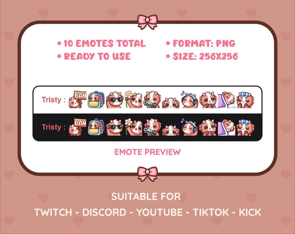 Brown Goat Twitch emote pack preview displaying all 10 emotes with format and size information.