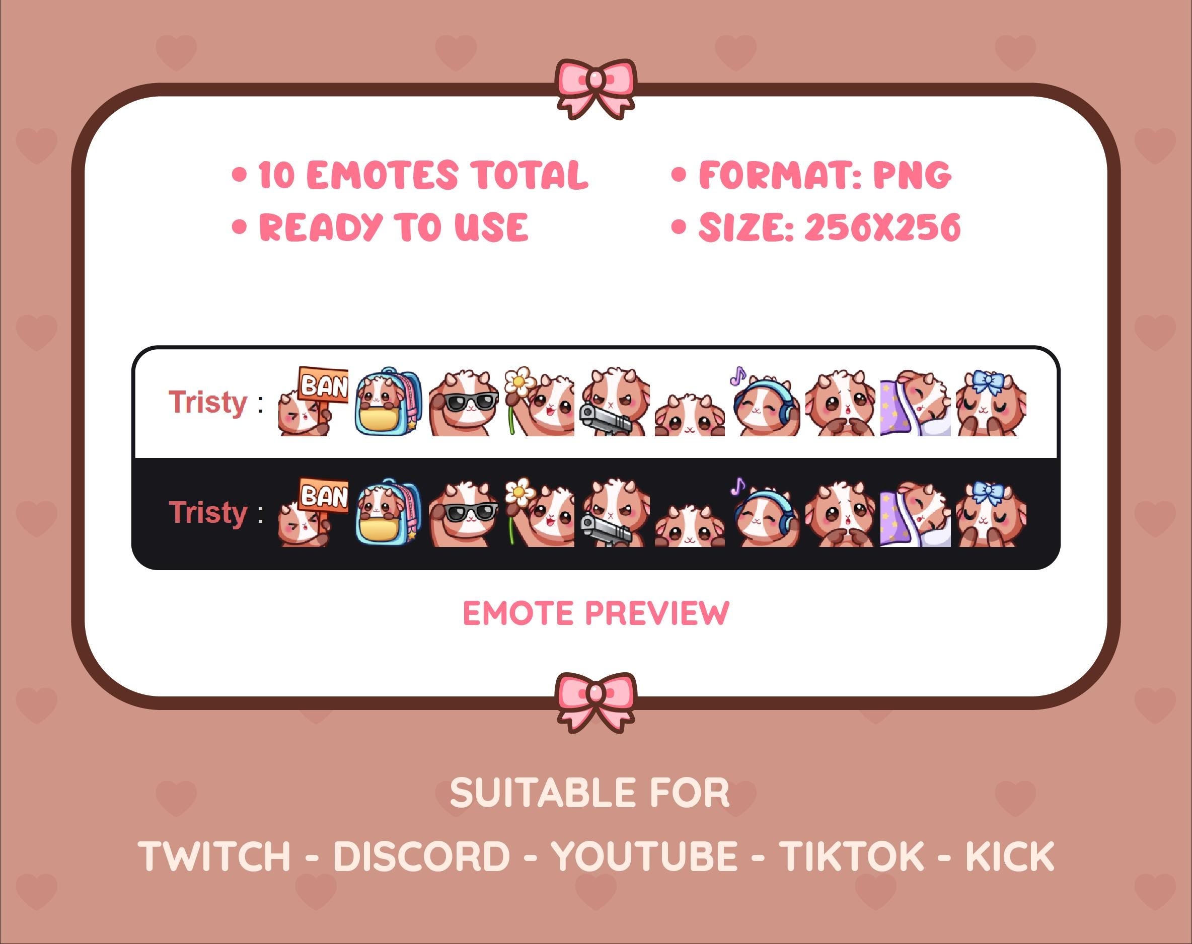 Brown Goat Twitch emote pack preview displaying all 10 emotes with format and size information.