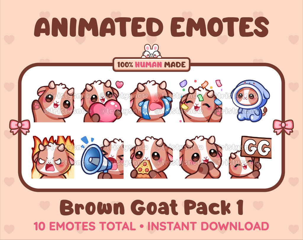 Brown Goat animated Twitch emote pack featuring 10 emotes including GG, angry, cry, and hype.