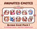 Brown Goat animated Twitch emote pack featuring 10 emotes including GG, angry, cry, and hype.