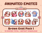Brown Goat animated Twitch emote pack featuring 10 emotes including GG, angry, cry, and hype.