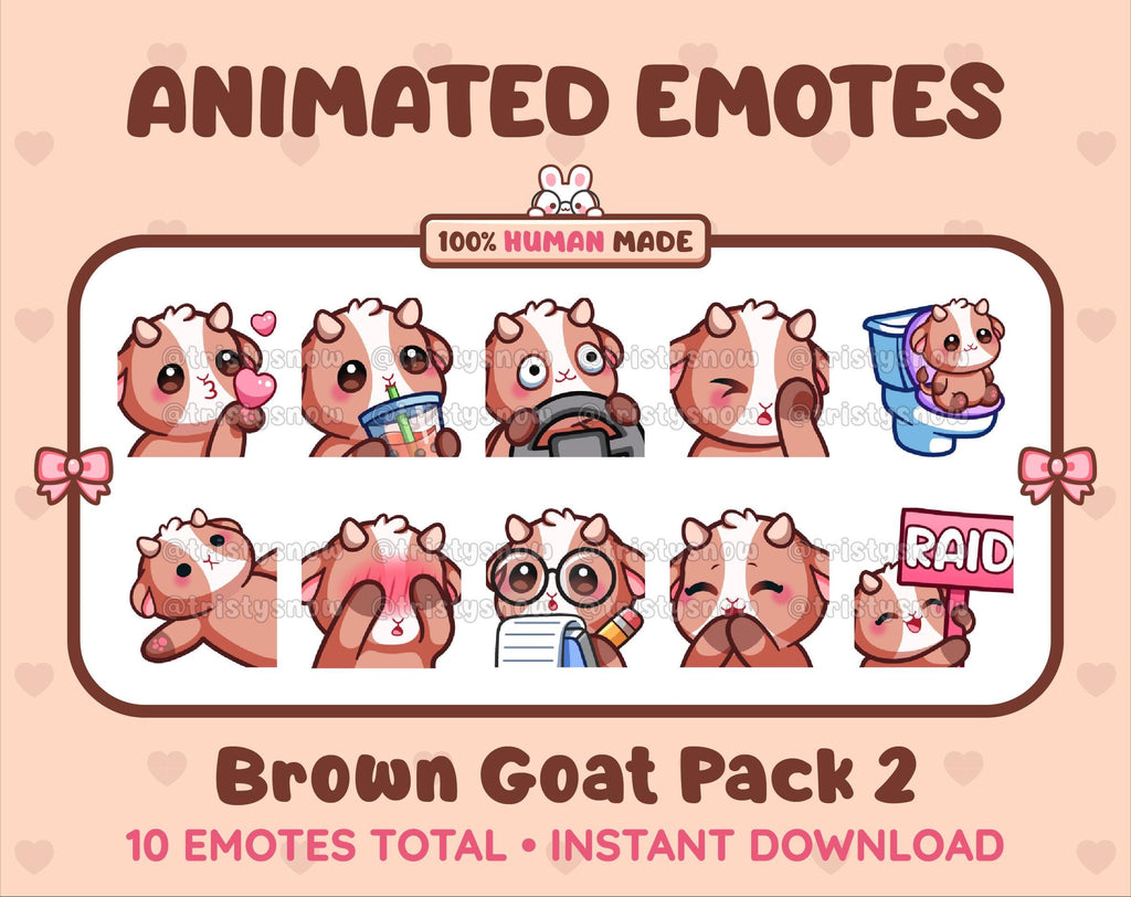 Brown Goat animated Twitch emote pack featuring 10 emotes including kiss, facepalm, shy, and raid.