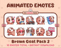 Brown Goat animated Twitch emote pack featuring 10 emotes including kiss, facepalm, shy, and raid.