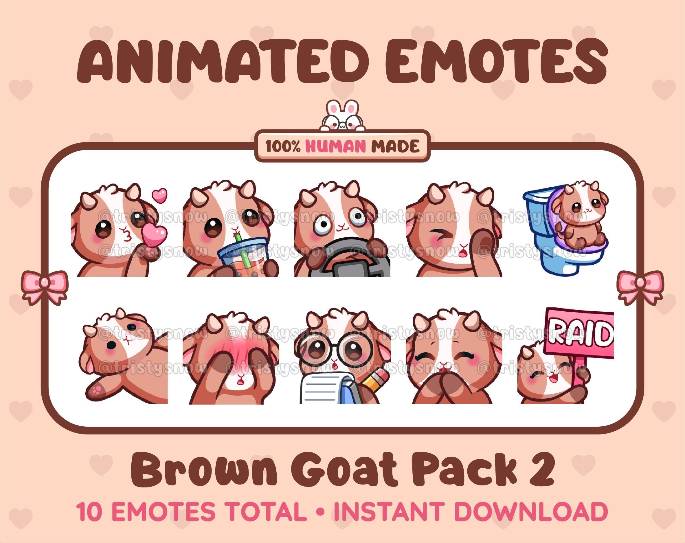 Brown Goat animated Twitch emote pack featuring 10 emotes including kiss, facepalm, shy, and raid.