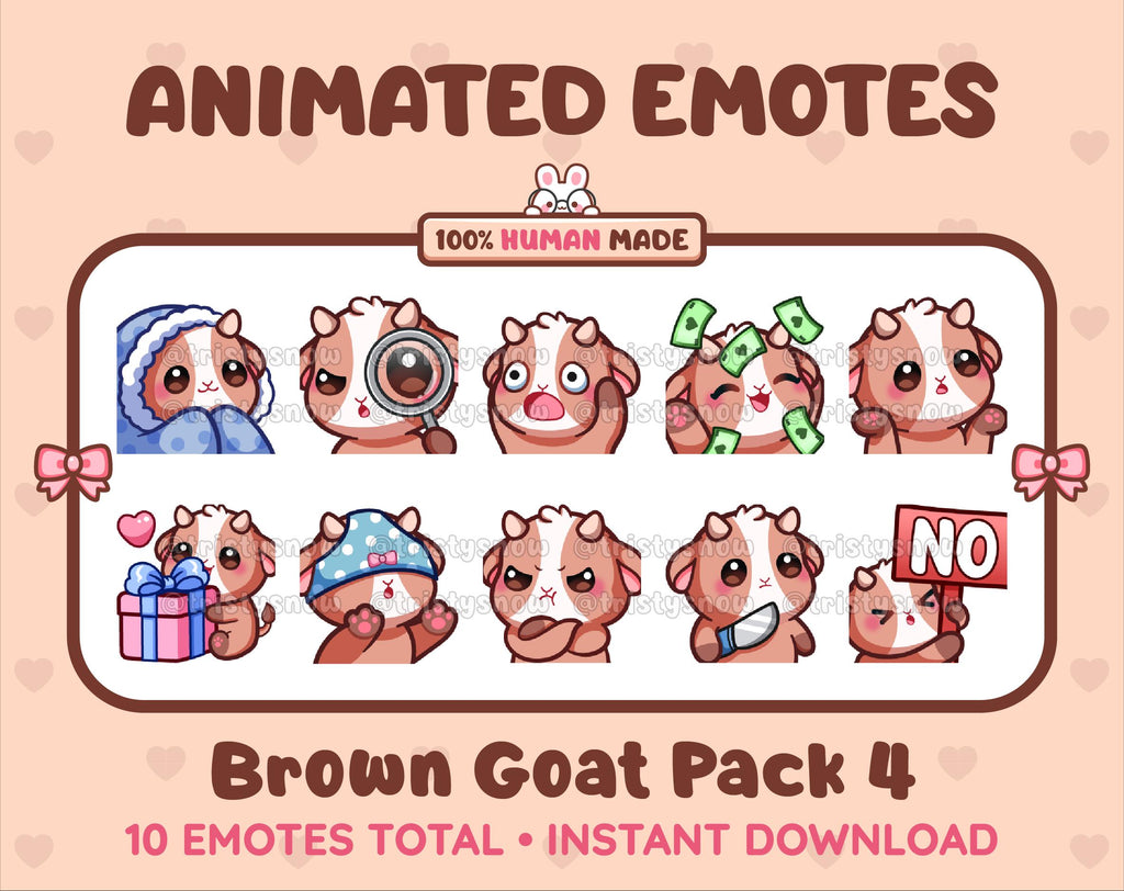 Brown Goat animated Twitch emote pack featuring 10 emotes including cozy, sus, panic, and shrug.