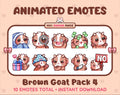 Brown Goat animated Twitch emote pack featuring 10 emotes including cozy, sus, panic, and shrug.