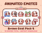 Brown Goat animated Twitch emote pack featuring 10 emotes including cozy, sus, panic, and shrug.