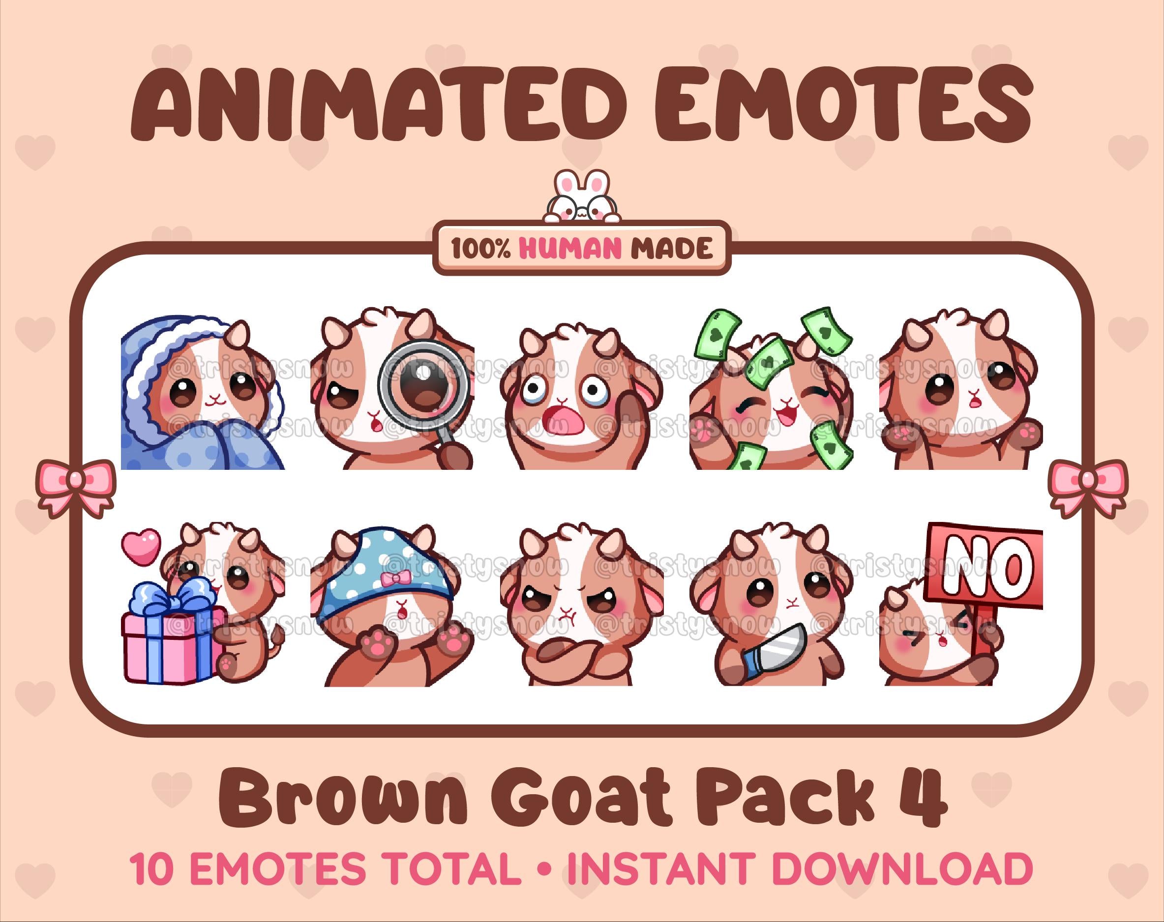 Brown Goat animated Twitch emote pack featuring 10 emotes including cozy, sus, panic, and shrug.