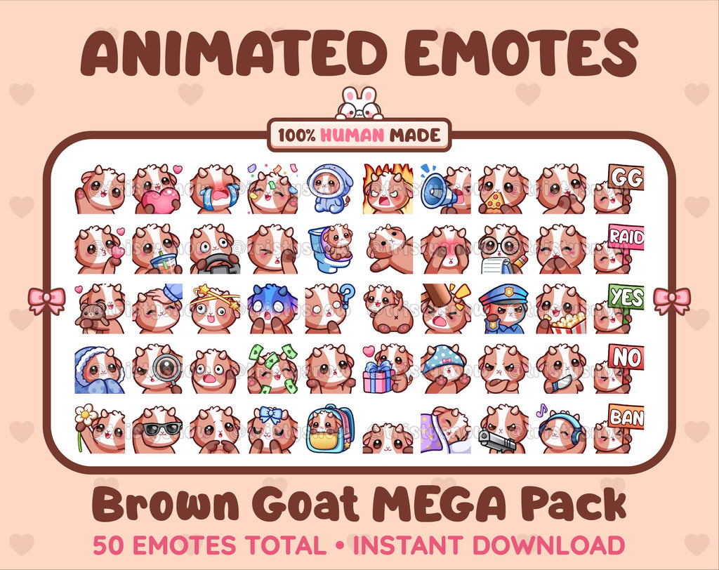 Brown Goat animated Twitch emote mega pack featuring 50 emotes including hype, kiss, raid, and lurk.