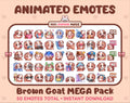 Brown Goat animated Twitch emote mega pack featuring 50 emotes including hype, kiss, raid, and lurk.