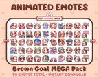 Brown Goat animated Twitch emote mega pack featuring 50 emotes including hype, kiss, raid, and lurk.