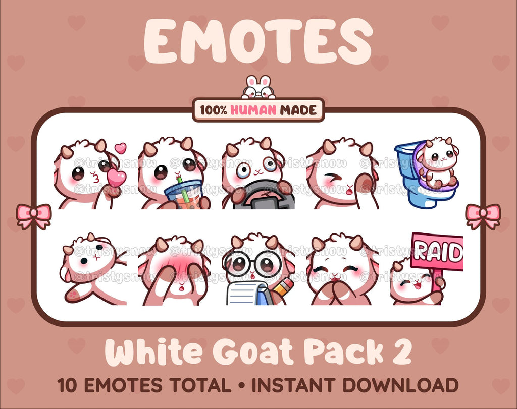 White Goat Twitch emote pack featuring 10 emotes including kiss, facepalm, shy, and raid.