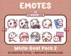 White Goat Twitch emote pack featuring 10 emotes including kiss, facepalm, shy, and raid.