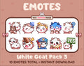 White Goat Twitch emote pack featuring 10 emotes including hug, scared, bonk, and popcorn.