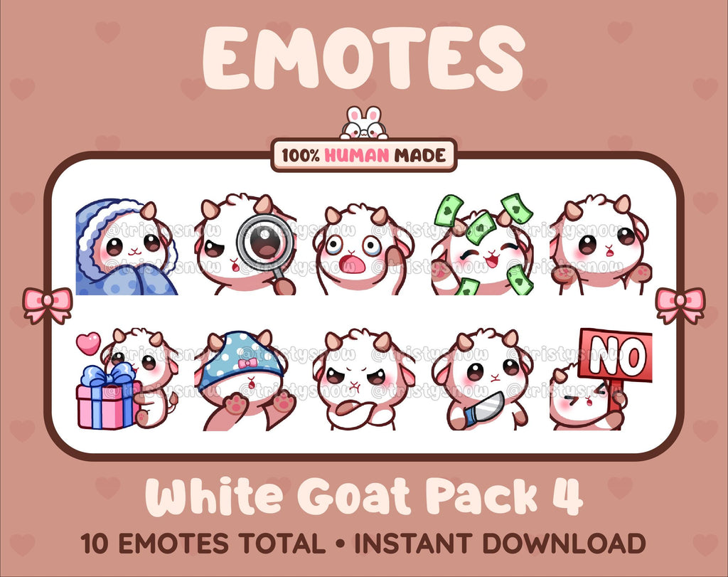 White Goat Twitch emote pack featuring 10 emotes including cozy, sus, panic, and shrug.