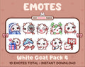 White Goat Twitch emote pack featuring 10 emotes including cozy, sus, panic, and shrug.