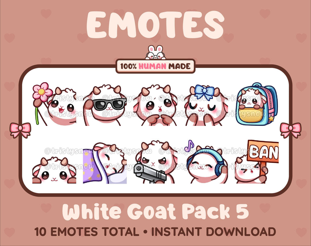 White Goat Twitch emote pack featuring 10 emotes including flower, cool, plead, and lurk.