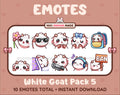 White Goat Twitch emote pack featuring 10 emotes including flower, cool, plead, and lurk.