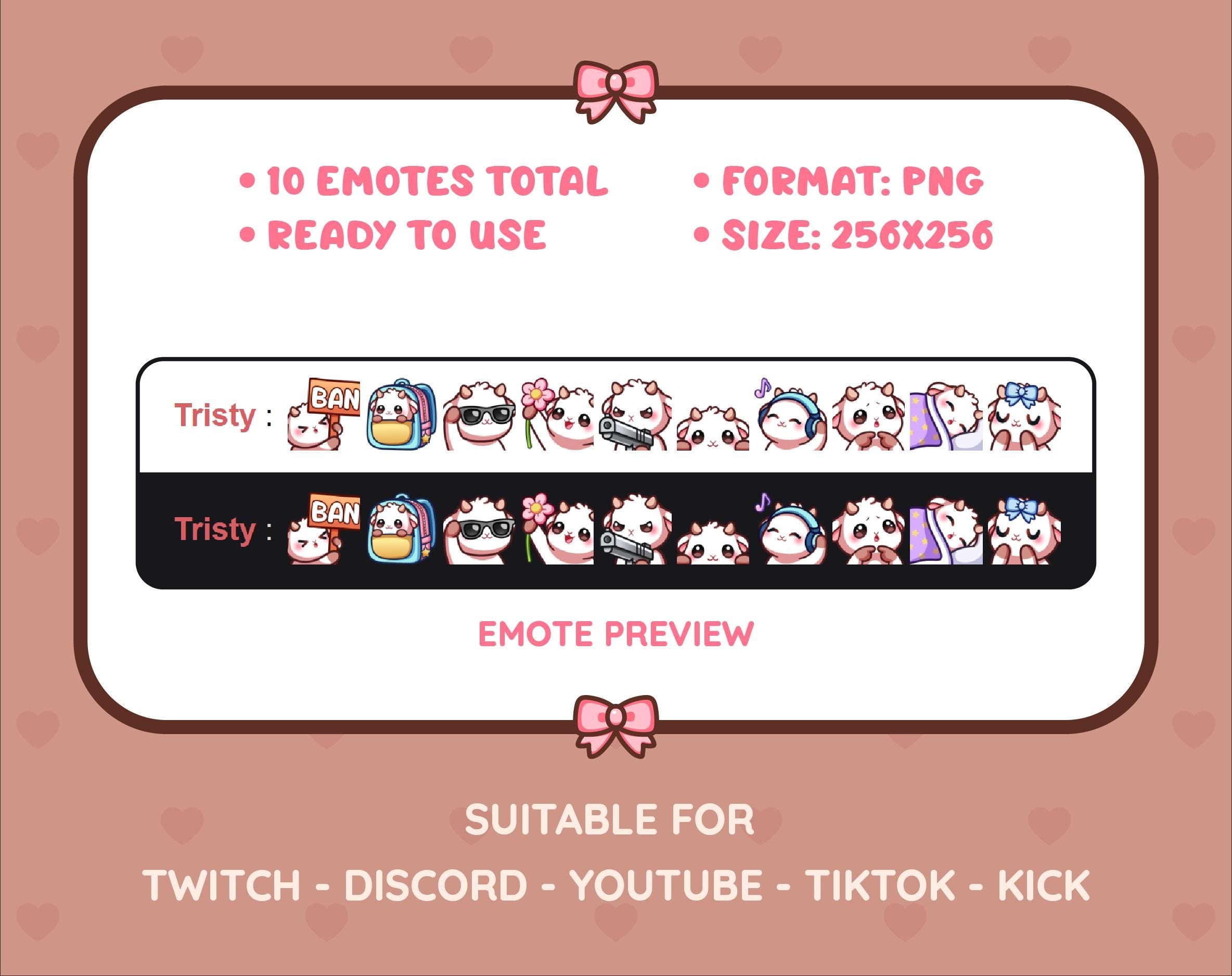 White Goat Twitch emote pack preview displaying all 10 emotes with format and size information.