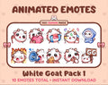White Goat animated Twitch emote pack featuring 10 emotes including GG, angry, cry, and hype.
