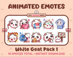 White Goat animated Twitch emote pack featuring 10 emotes including GG, angry, cry, and hype.