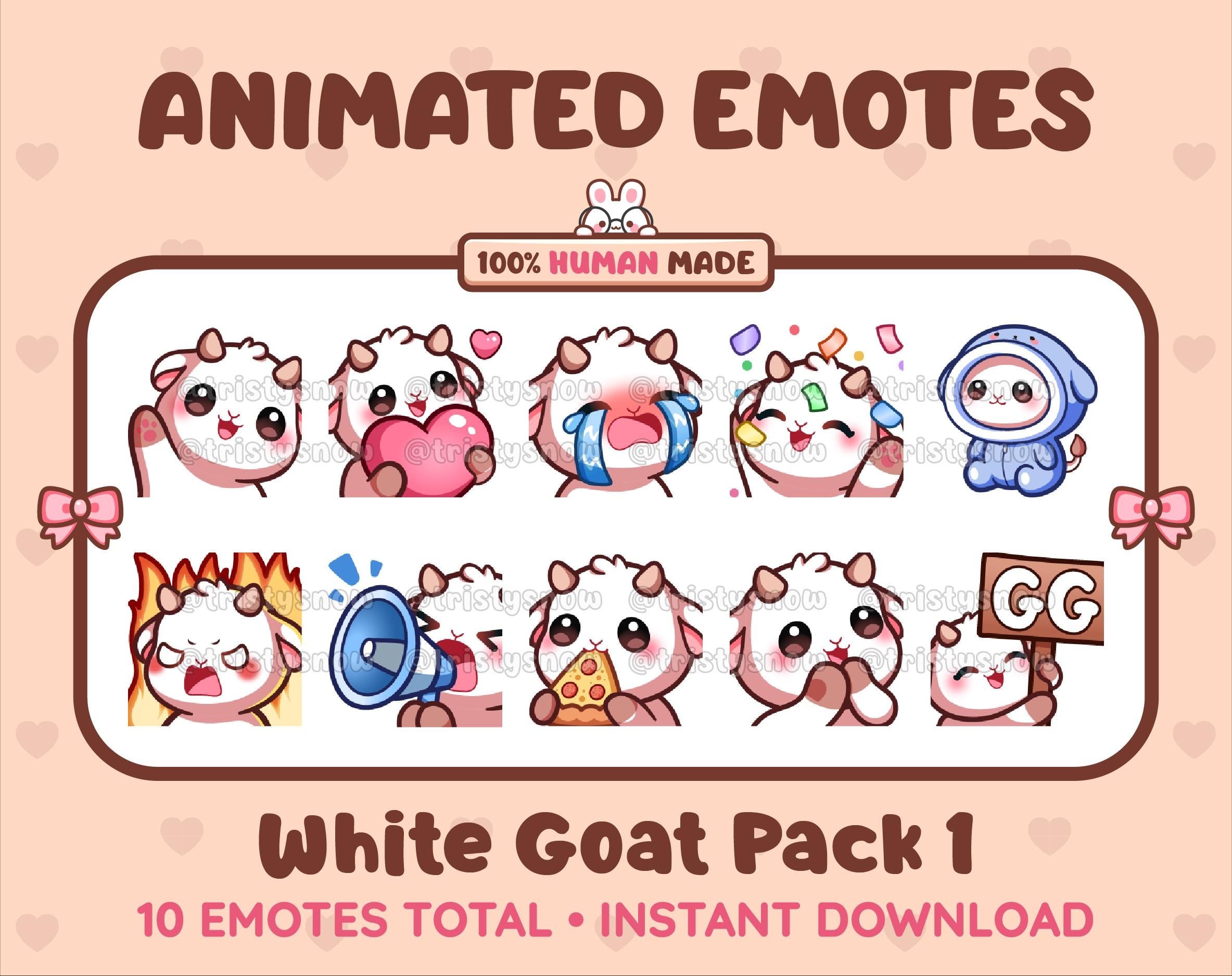 White Goat animated Twitch emote pack featuring 10 emotes including GG, angry, cry, and hype.