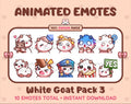 White Goat animated Twitch emote pack featuring 10 emotes including hug, scared, bonk, and popcorn.