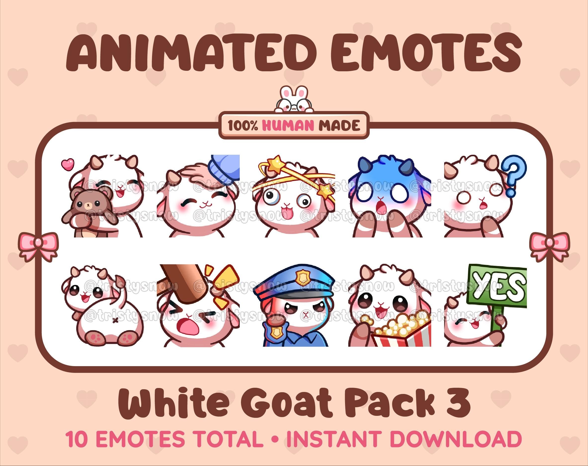 White Goat animated Twitch emote pack featuring 10 emotes including hug, scared, bonk, and popcorn.