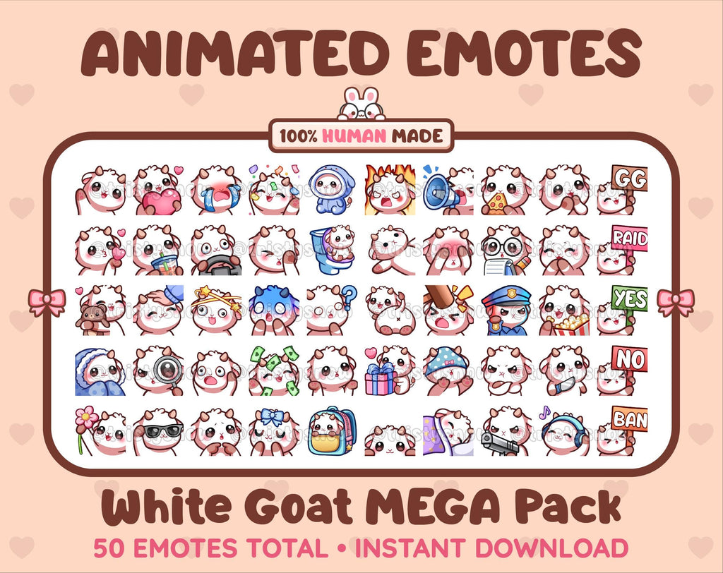 White Goat animated Twitch emote mega pack featuring 50 emotes including hype, kiss, raid, and lurk.