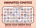 White Goat animated Twitch emote mega pack featuring 50 emotes including hype, kiss, raid, and lurk.