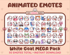 White Goat animated Twitch emote mega pack featuring 50 emotes including hype, kiss, raid, and lurk.