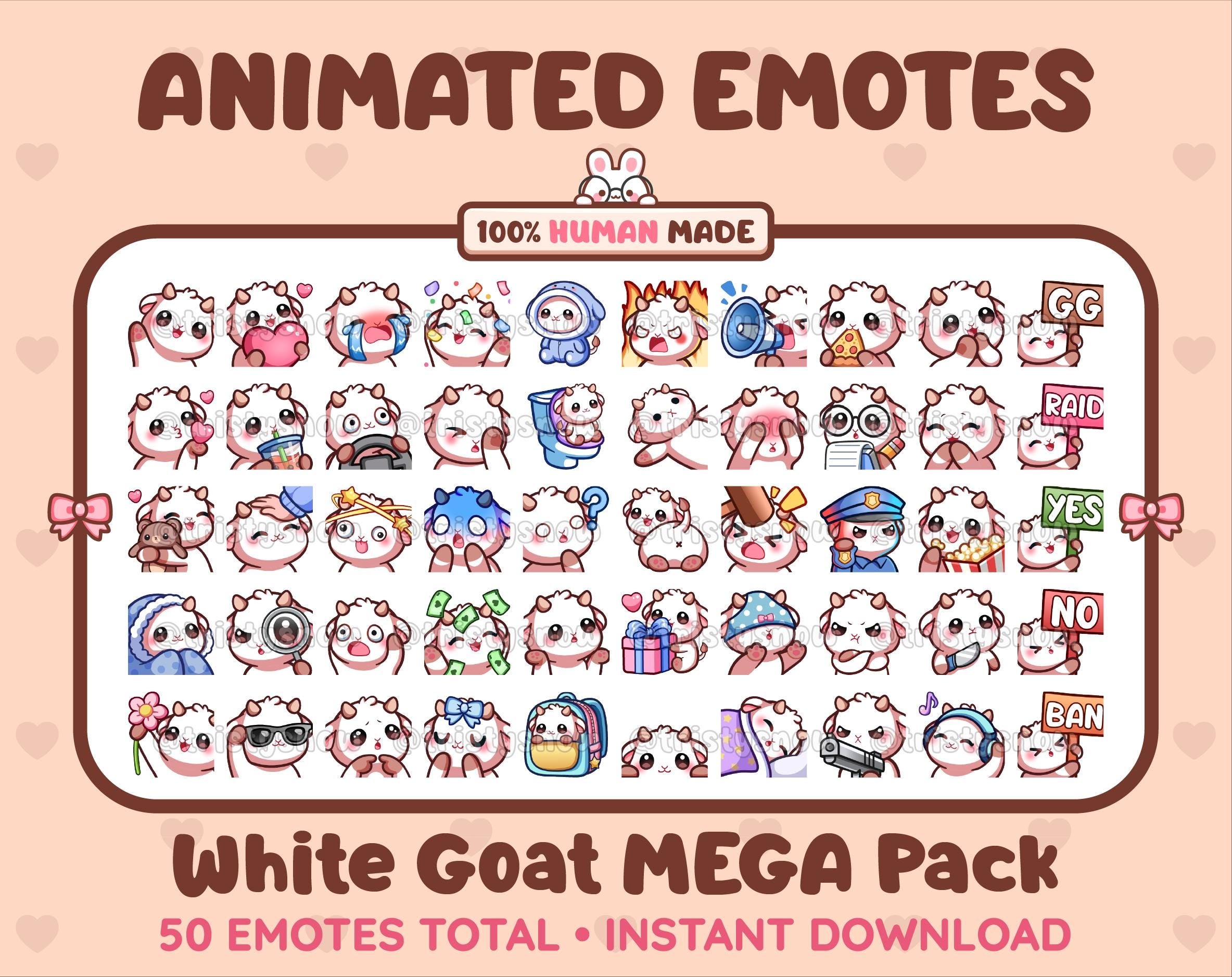 White Goat animated Twitch emote mega pack featuring 50 emotes including hype, kiss, raid, and lurk.