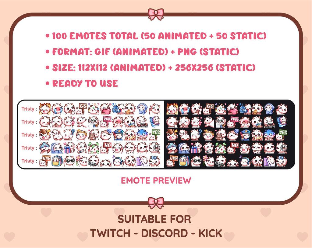 White Goat animated Twitch emote mega pack preview displaying all 50 emotes with format and size information.